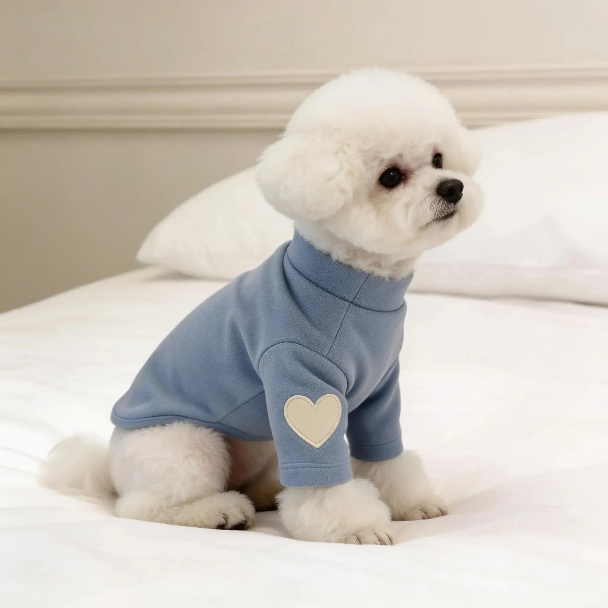 Small white fluffy dog wearing a blue sweater with a heart patch, sitting on a bed.