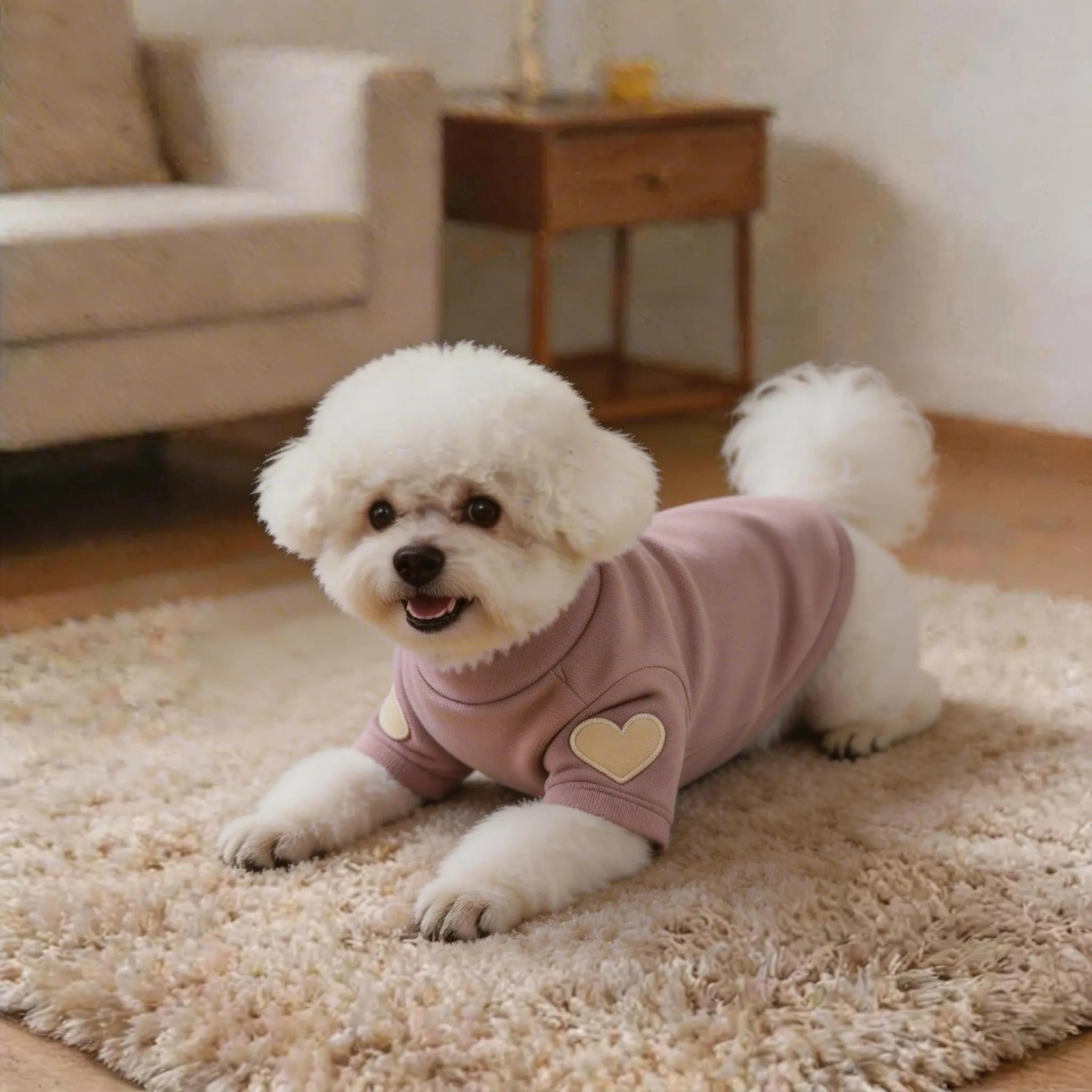 Small white dog in pink sweater with heart patches on elbows, on rug in cozy living room.
