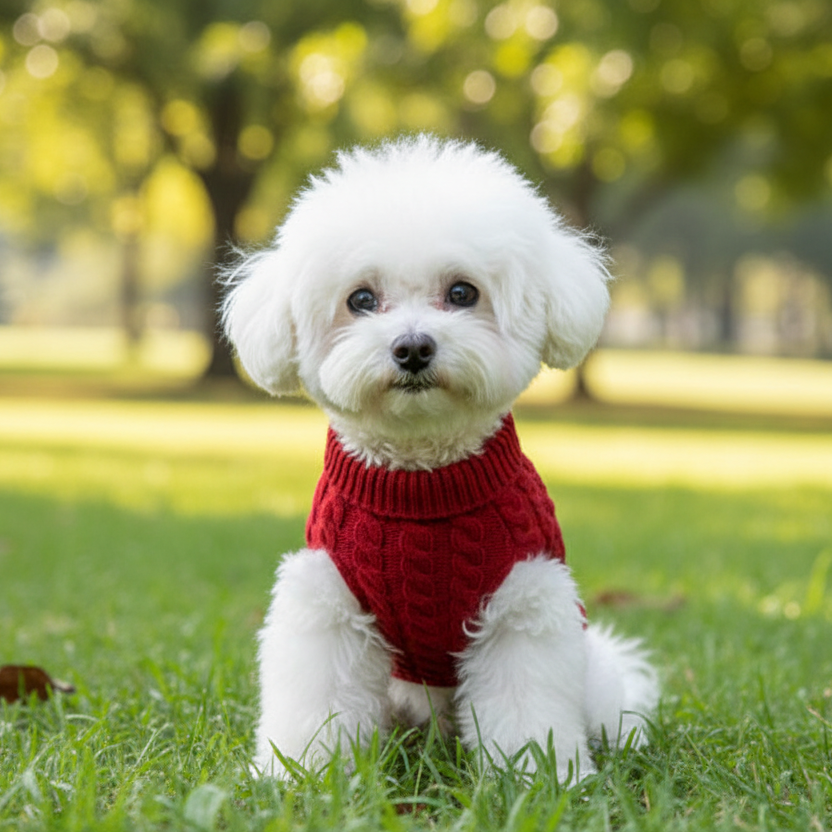Small white dog in red knit sweater sitting on grass in a park, pet clothing fashion