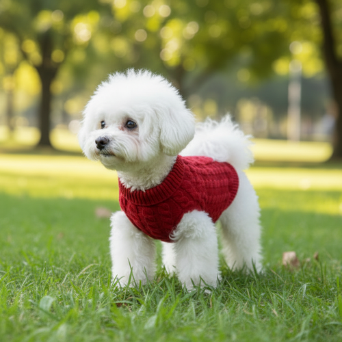 Small white dog in a red knit sweater standing on green grass in a sunny park