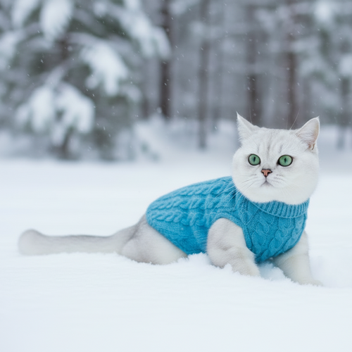 White cat in blue knit sweater sitting in snowy outdoor setting, pet apparel, winter fashion