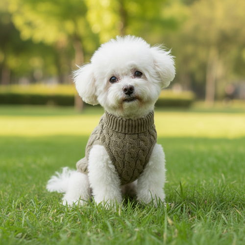Small white dog wearing a knitted sweater sitting on green grass outdoors