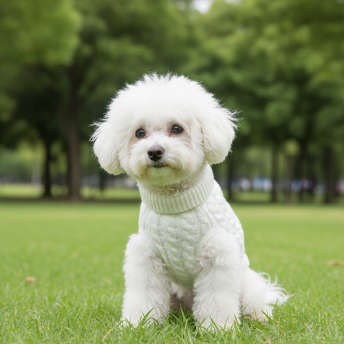 Small white dog in a stylish knitted sweater sitting on green grass outdoors