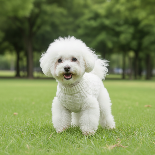 Small fluffy white dog in a cute knit sweater standing on green grass outdoors