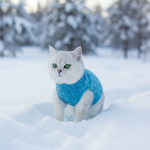 White cat in blue pet sweater sitting in snow, winter outdoor pet clothing, cute cat apparel