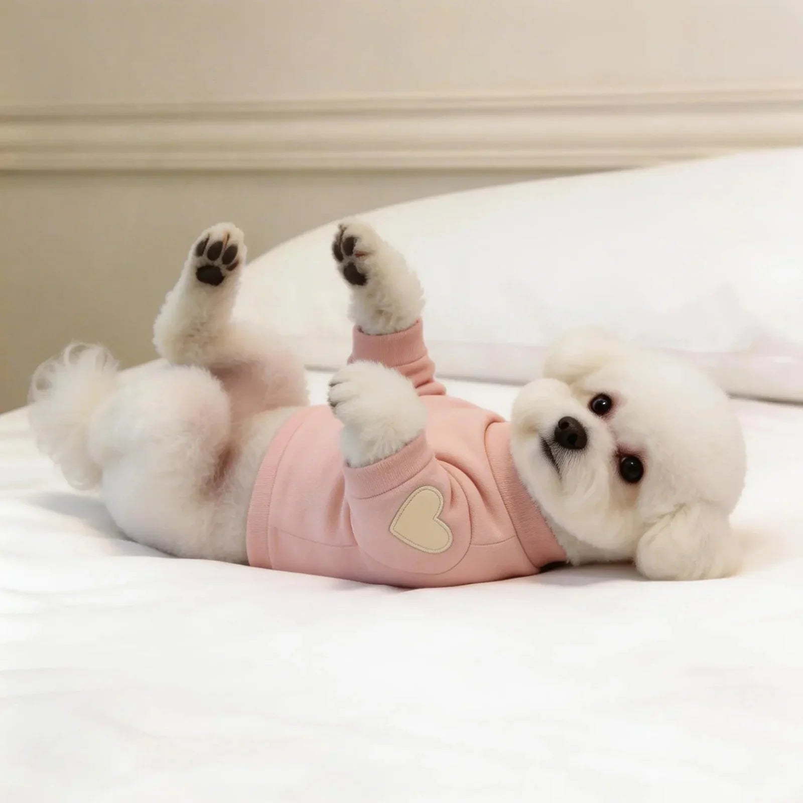 Cute small white dog in pink pet sweater with heart patch lying on a bed