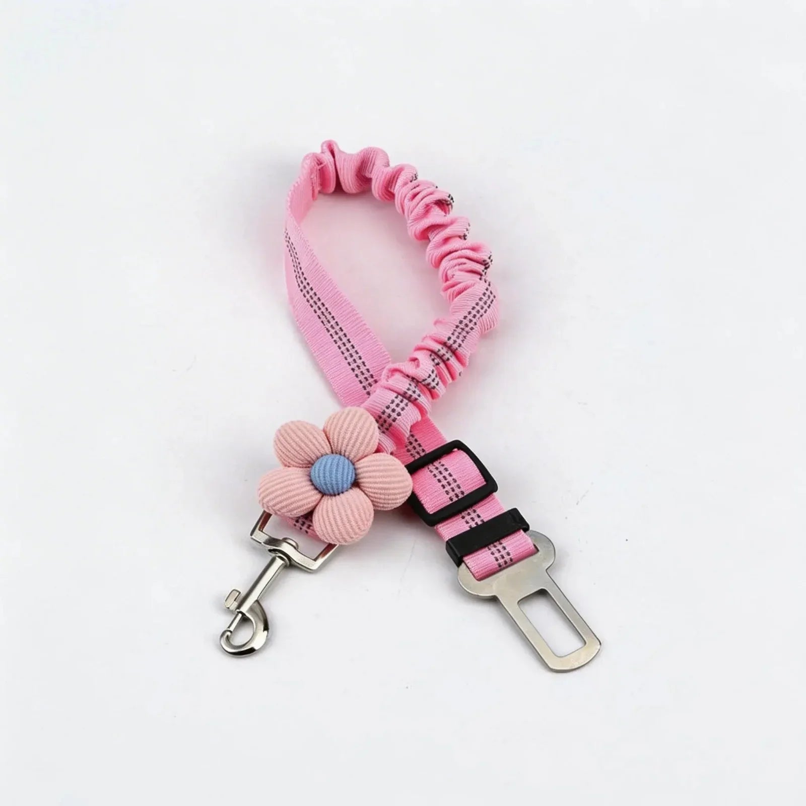 Pink pet seat belt with flower accessory and metal clip, stylish car safety harness for pets